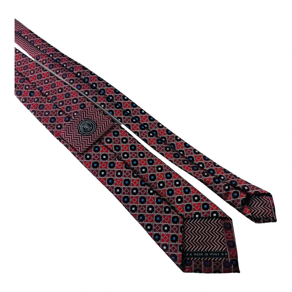 Ermenegildo Zegna Red w/‎ Silver Check w/ Blue Dot Silk Tie Size 3.5